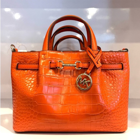 Michael Kors Carson Small Crocodile Embossed Satchel Bag Red Clay - Picture 1 of 11